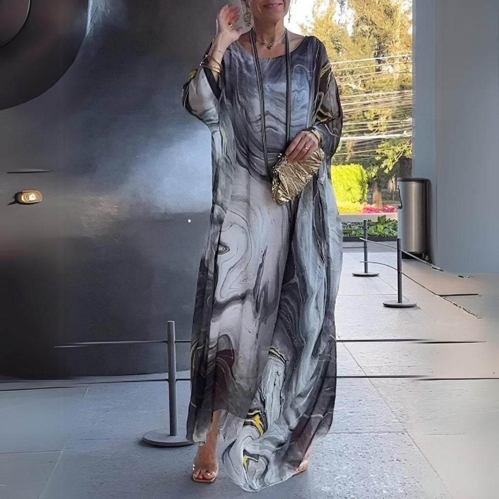 Women's Flowy Batwing Maxi Long Sleeve Dress Round Neck - Gray