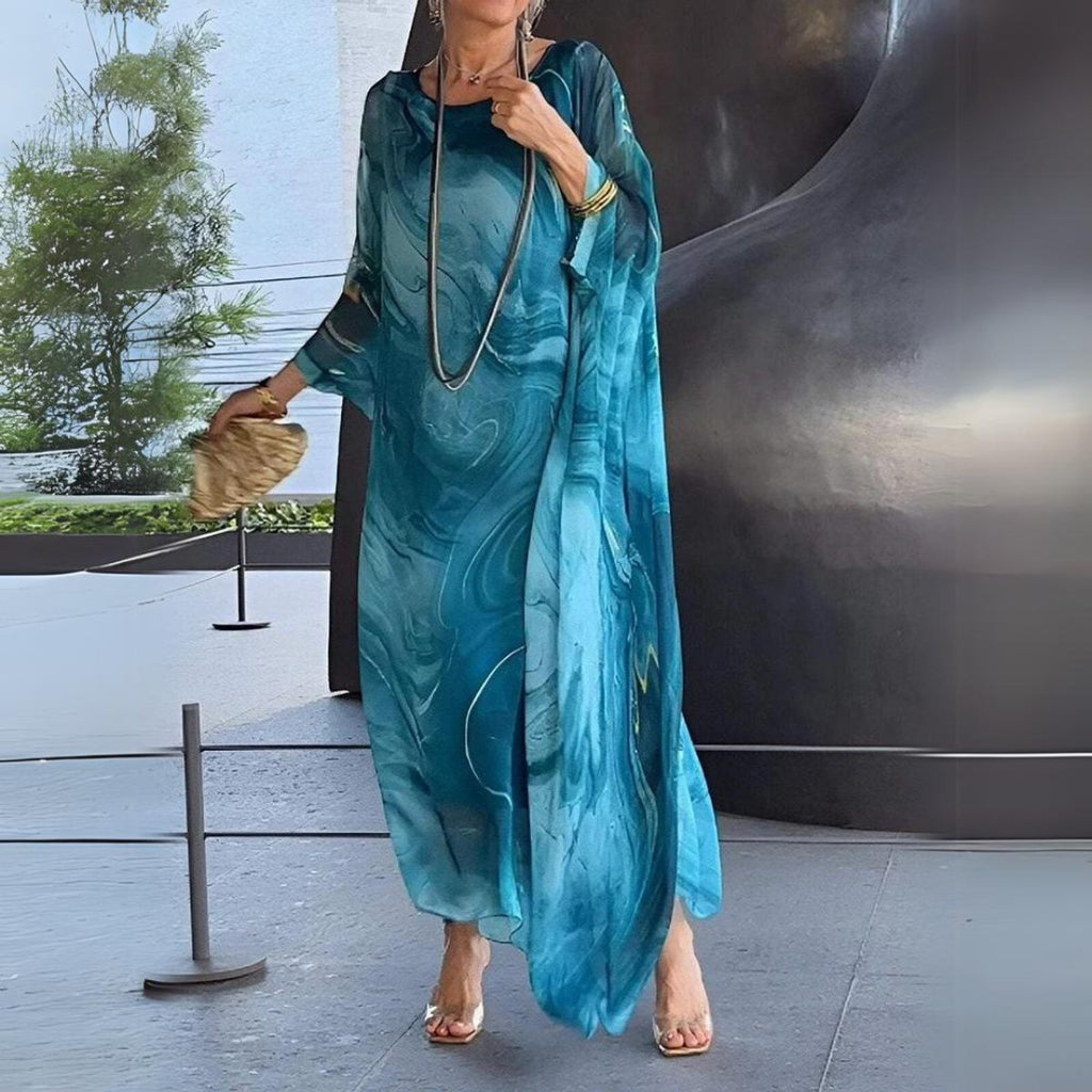 Women's Flowy Batwing Maxi Long Sleeve Dress Round Neck - Blue
