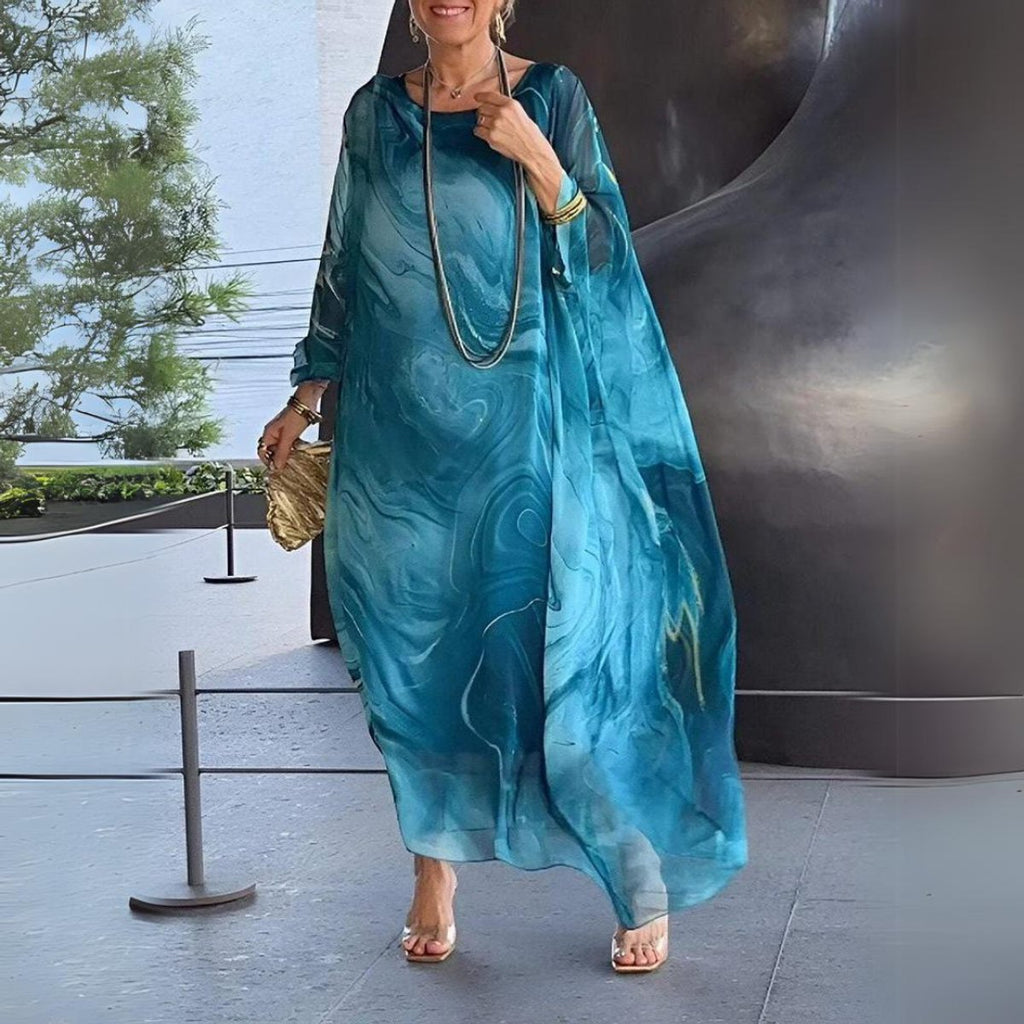 Women's Flowy Batwing Maxi Long Sleeve Dress Round Neck