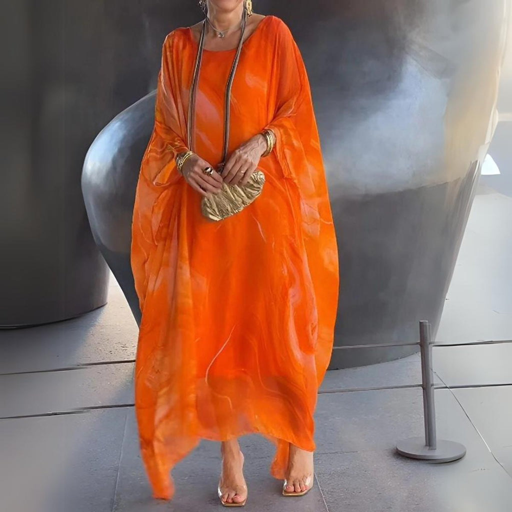 Women's Flowy Batwing Maxi Long Sleeve Dress Round Neck - Orange
