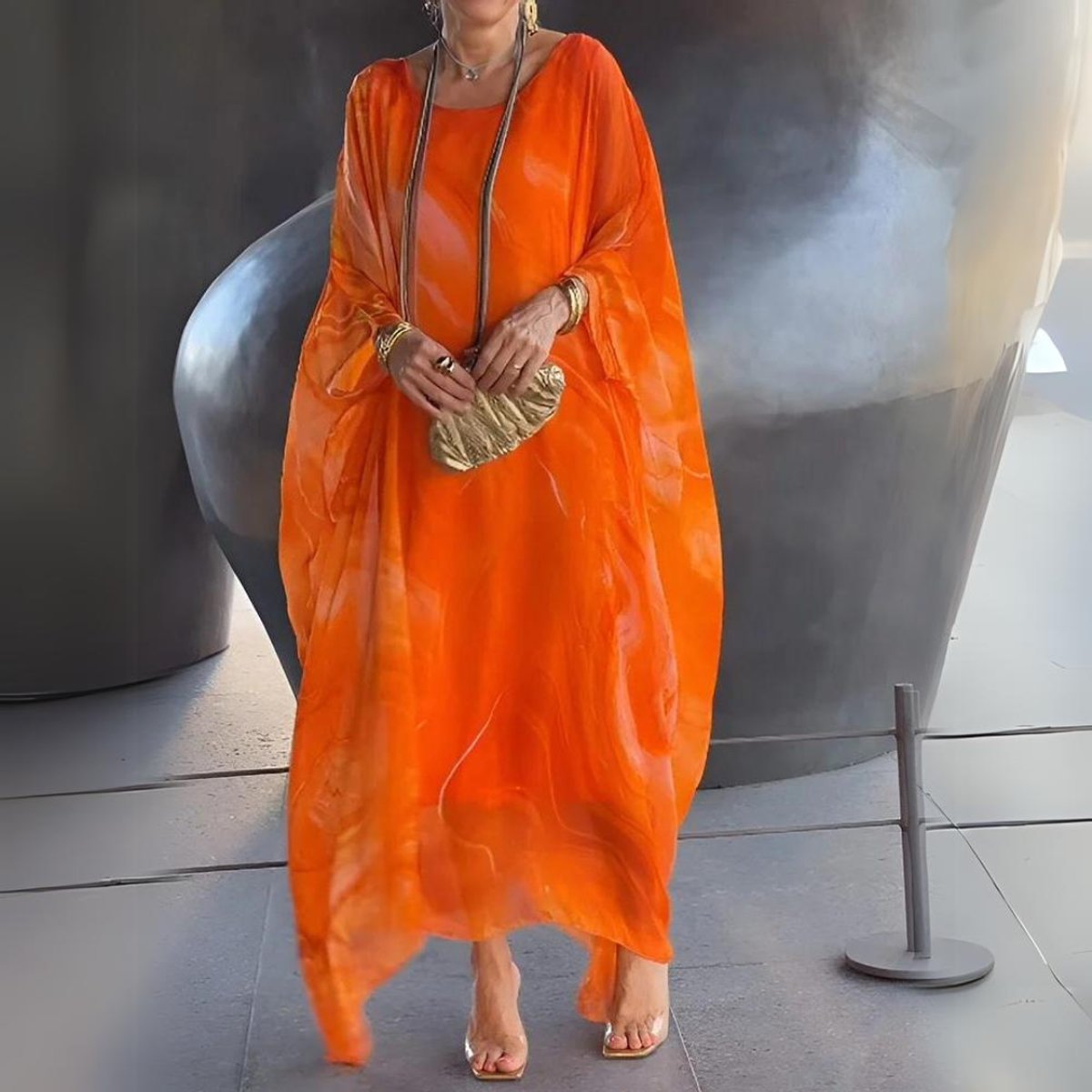 Women's Flowy Batwing Maxi Long Sleeve Dress Round Neck - Orange