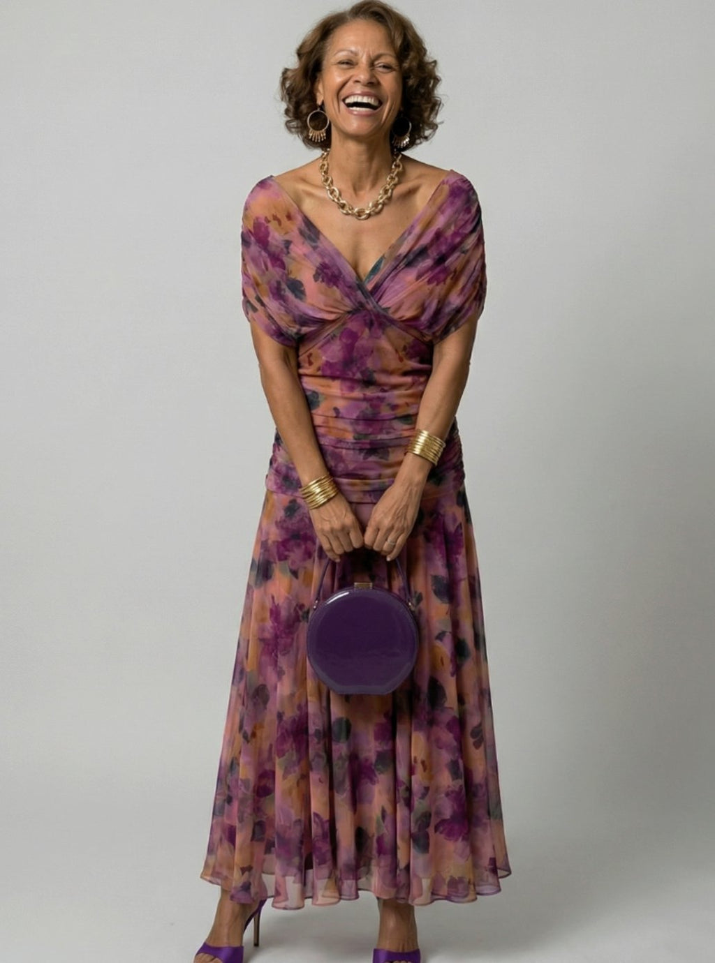 Women's Flowy Midi Dress Off-Shoulder Draped V-Neck Chiffon - Purple