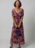 Women's Flowy Midi Dress Off-Shoulder Draped V-Neck Chiffon - Purple