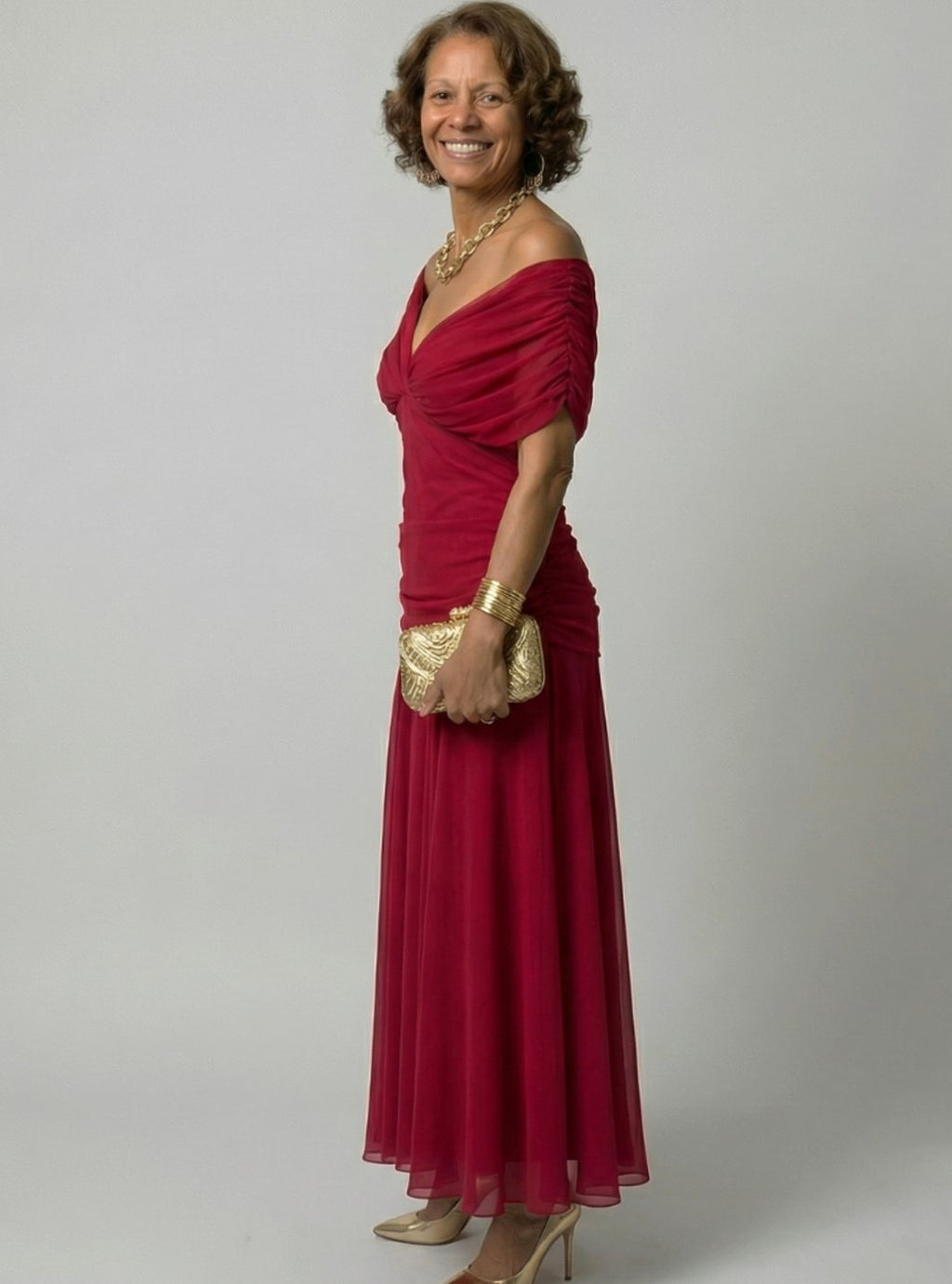 Women's Flowy Midi Dress Off-Shoulder Draped V-Neck Chiffon
