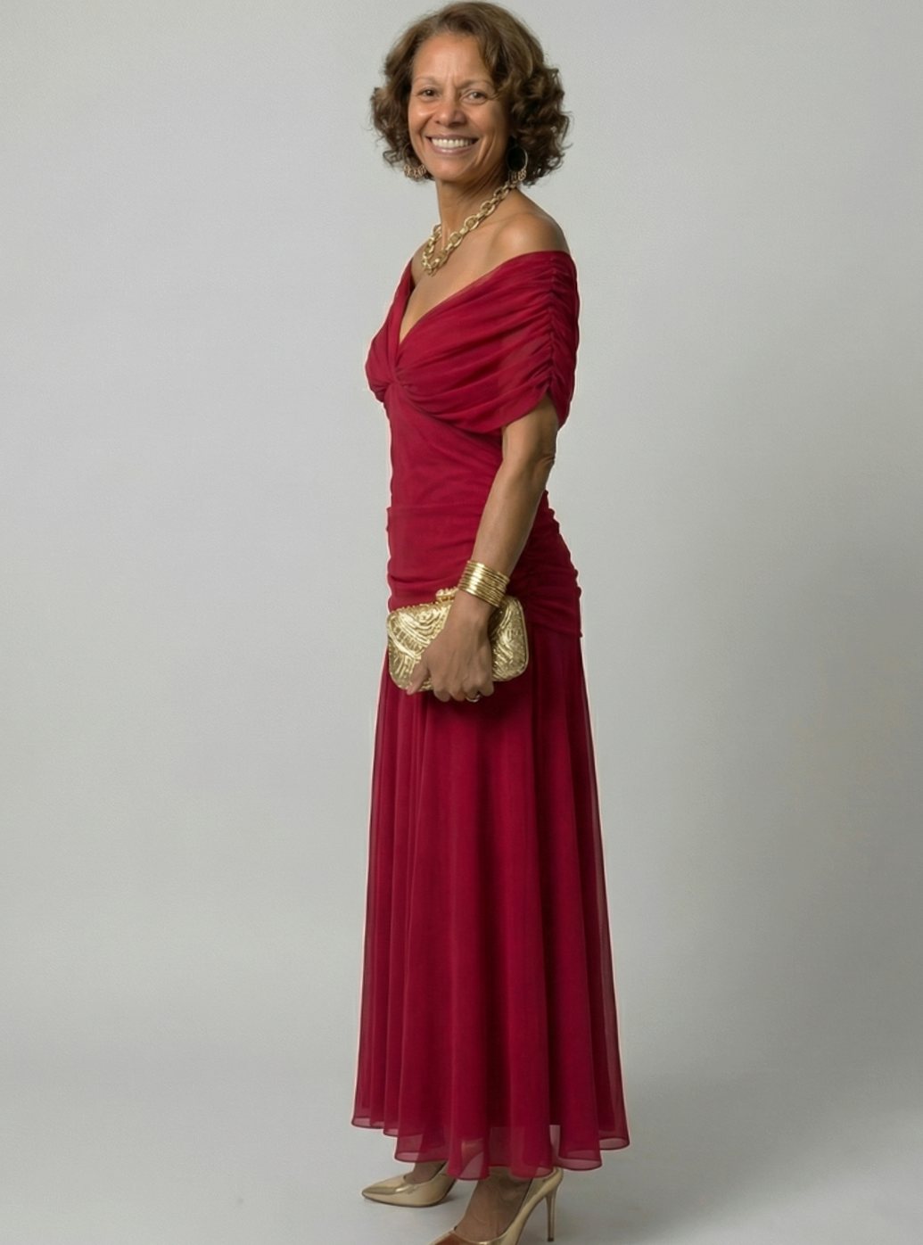 Women's Flowy Midi Dress Off-Shoulder Draped V-Neck Chiffon
