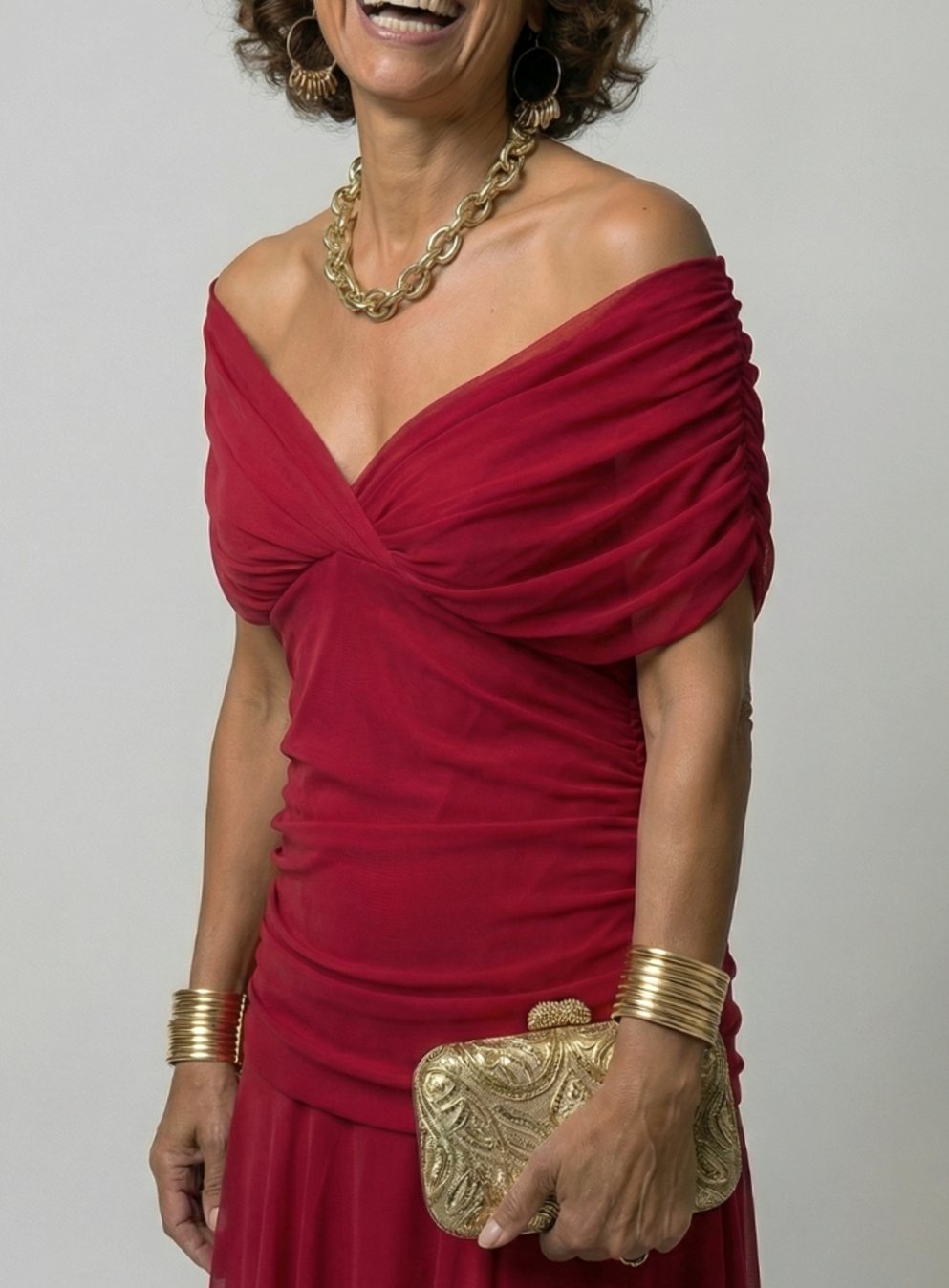 Women's Flowy Midi Dress Off-Shoulder Draped V-Neck Chiffon