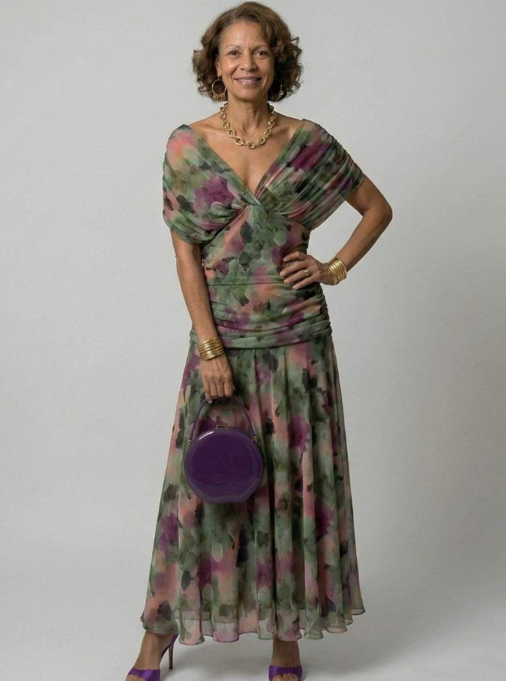 Women's Flowy Midi Dress Off-Shoulder Draped V-Neck Chiffon - Multicolor