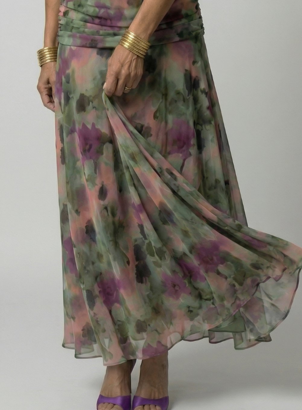 Women's Flowy Midi Dress Off-Shoulder Draped V-Neck Chiffon