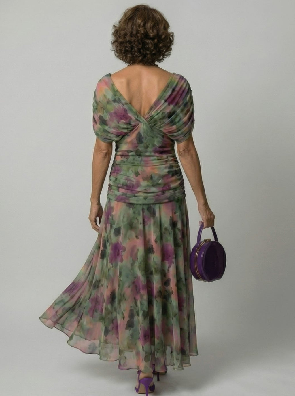 Women's Flowy Midi Dress Off-Shoulder Draped V-Neck Chiffon