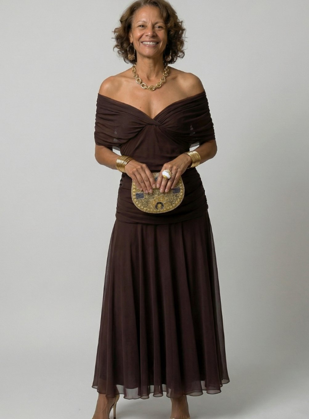 Women's Flowy Midi Dress Off-Shoulder Draped V-Neck Chiffon - Brown