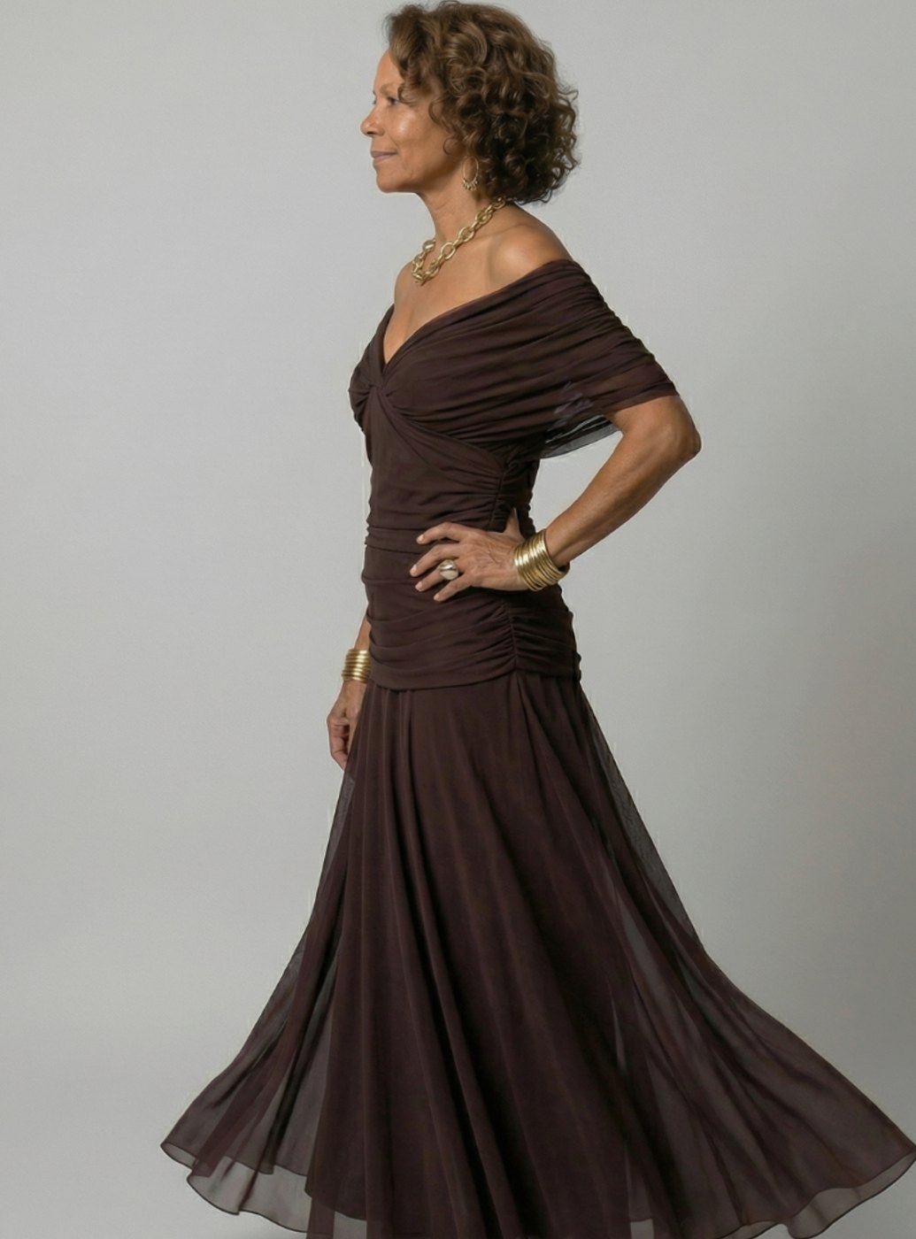 Women's Flowy Midi Dress Off-Shoulder Draped V-Neck Chiffon