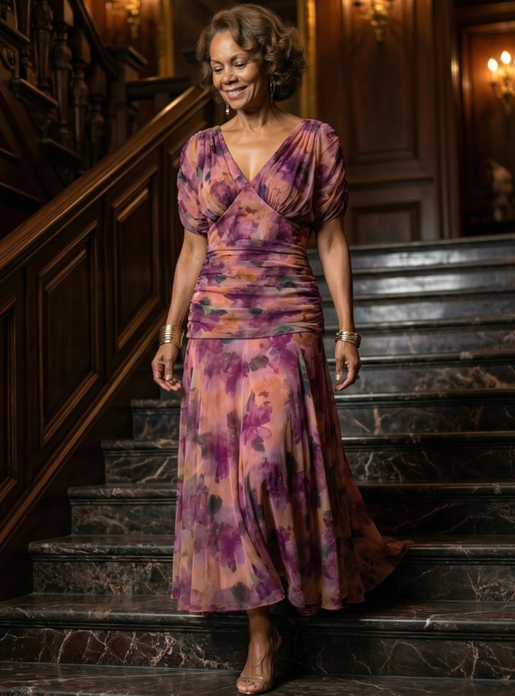 Women's Flowy Midi Dress Off-Shoulder Draped V-Neck Chiffon