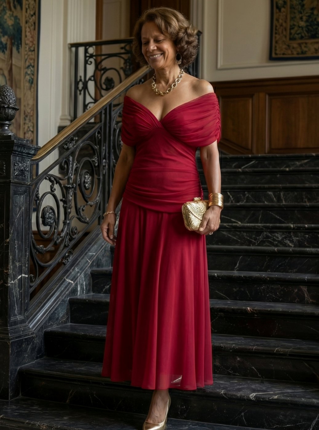 Women's Flowy Midi Dress Off-Shoulder Draped V-Neck Chiffon