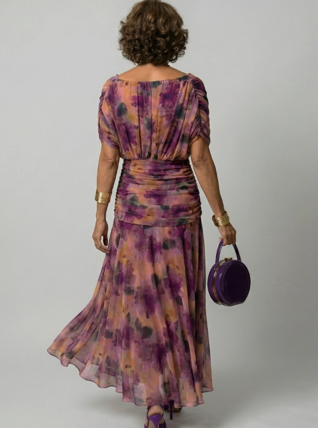 Women's Flowy Midi Dress Off-Shoulder Draped V-Neck Chiffon