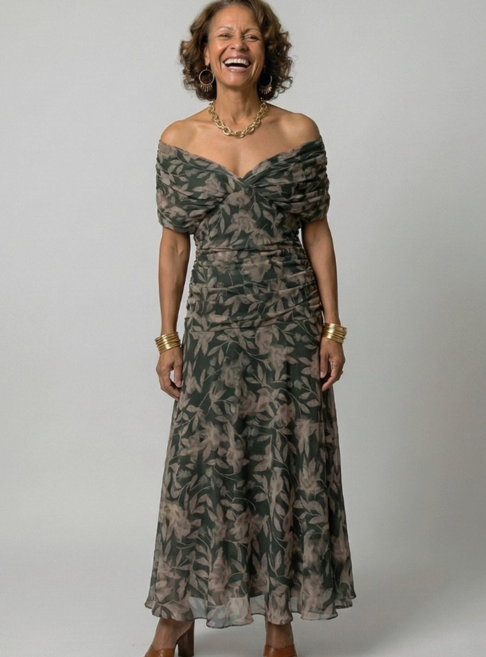 Women's Flowy Midi Dress Off-Shoulder Draped V-Neck Chiffon - Dark Green