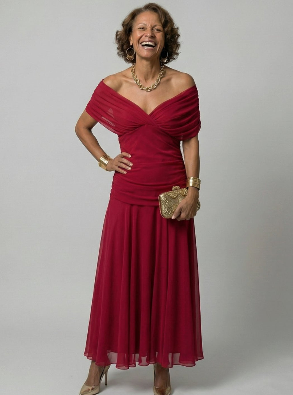 Women's Flowy Midi Dress Off-Shoulder Draped V-Neck Chiffon - Red