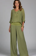 Women's Flowy Wide-Leg Two-Piece Blouson Top Set - Green