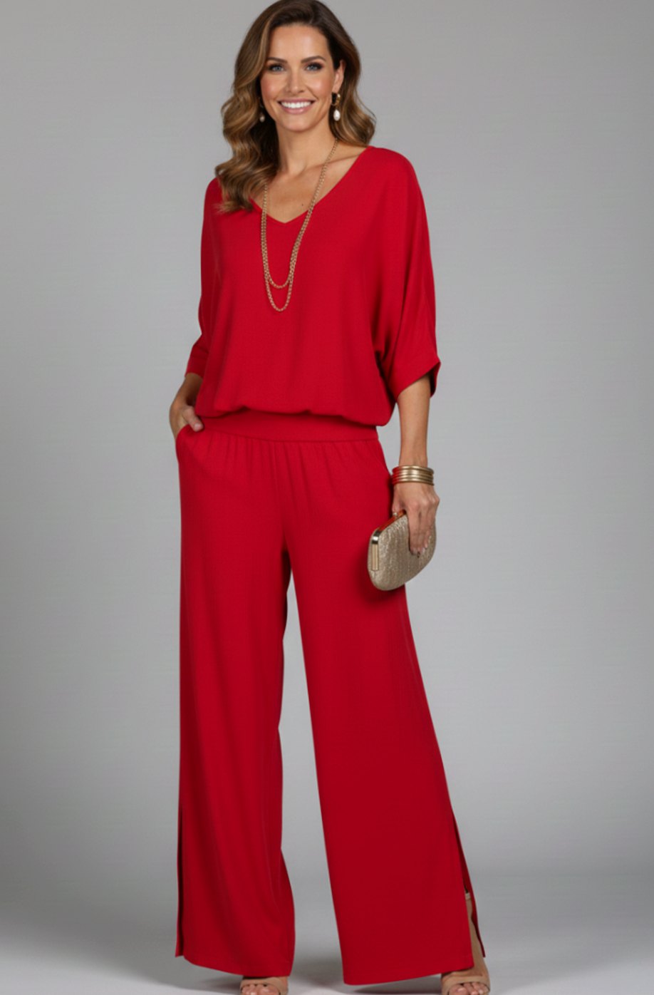Women's Flowy Wide-Leg Two-Piece Blouson Top Set - Red