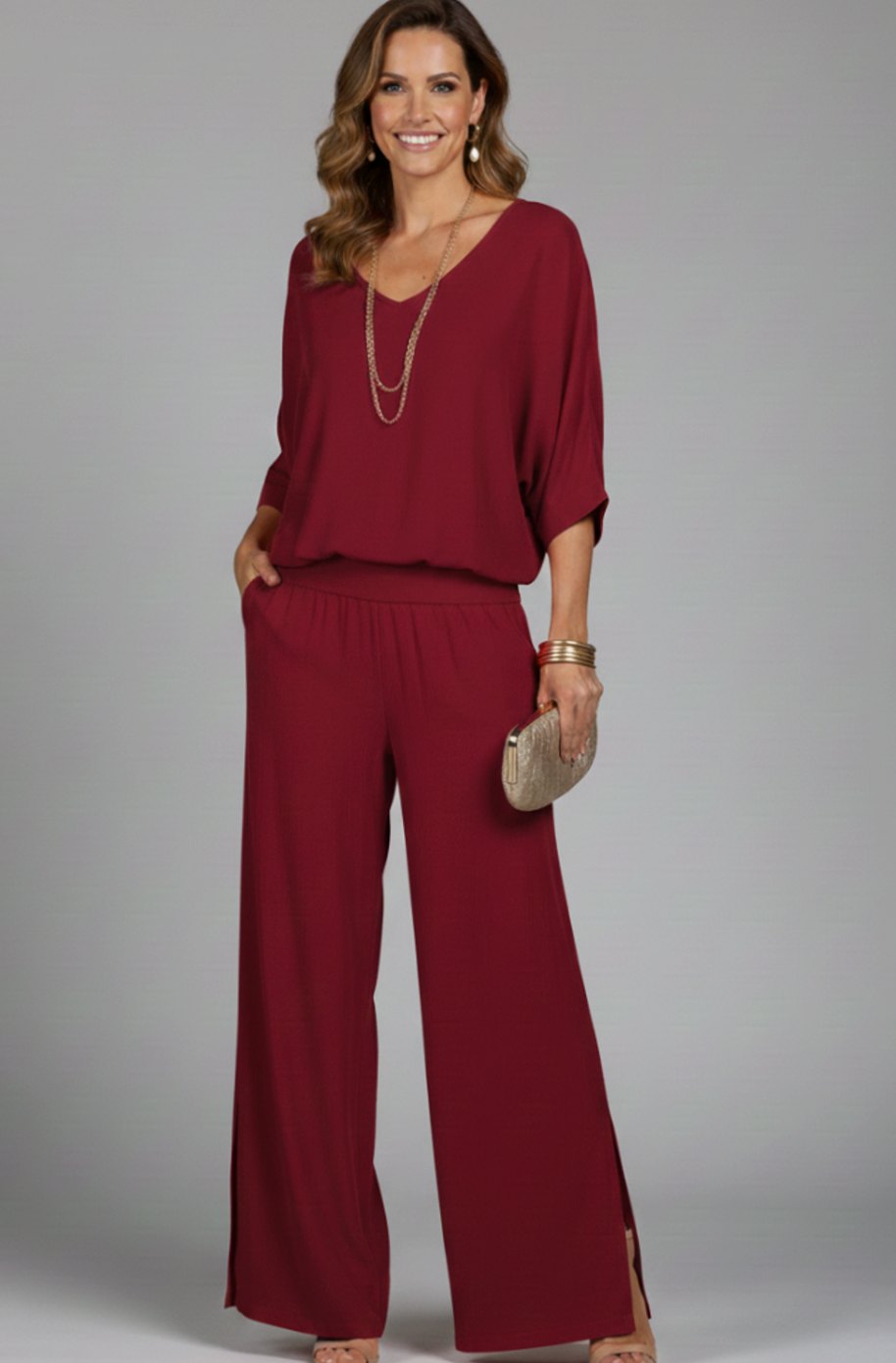 Women's Flowy Wide-Leg Two-Piece Blouson Top Set - Burgundy