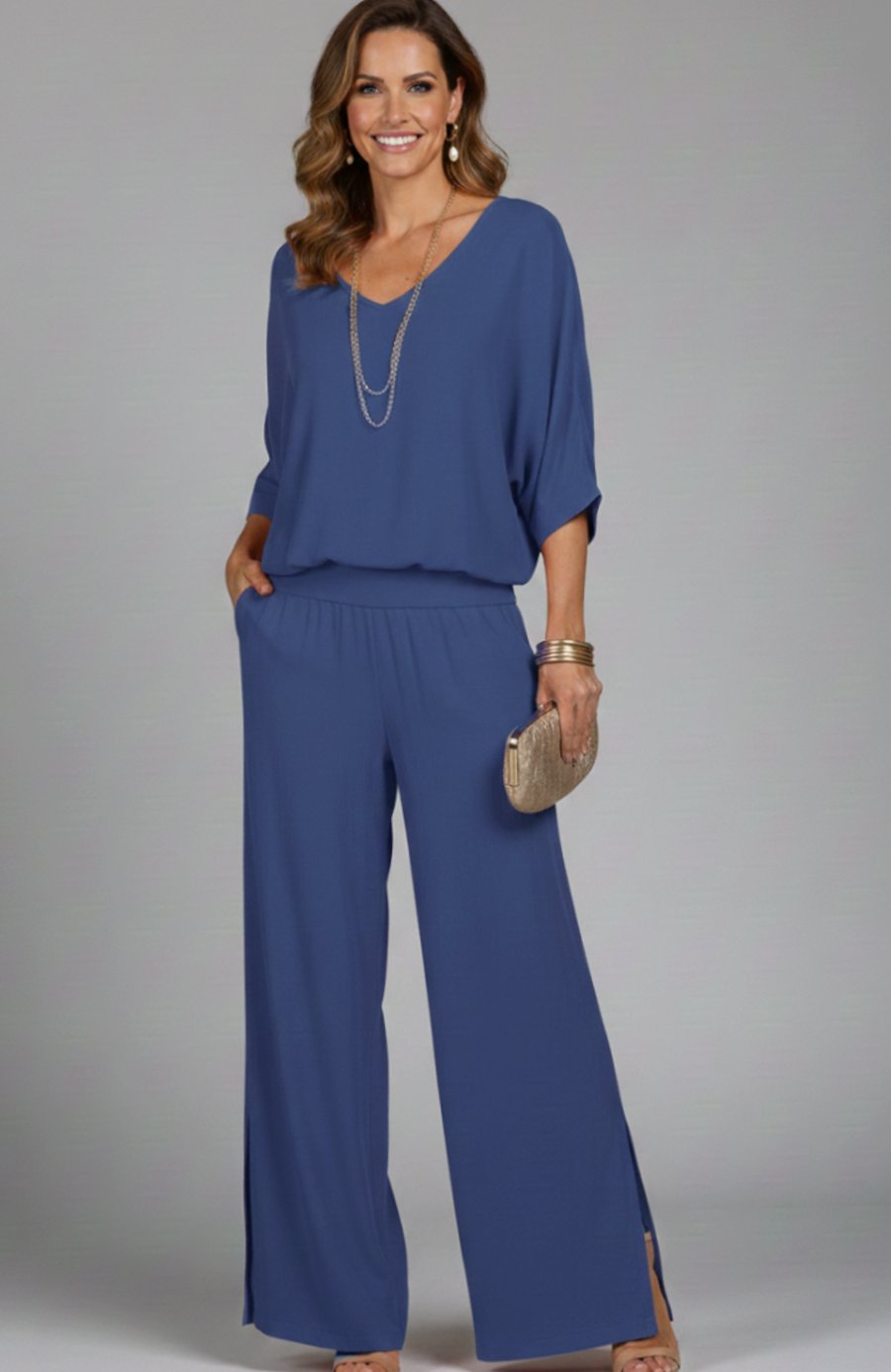 Women's Flowy Wide-Leg Two-Piece Blouson Top Set - Blue
