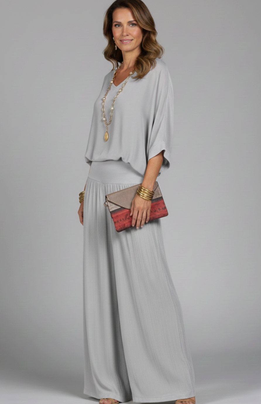 Women's Flowy Wide-Leg Two-Piece Blouson Top Set - Gray
