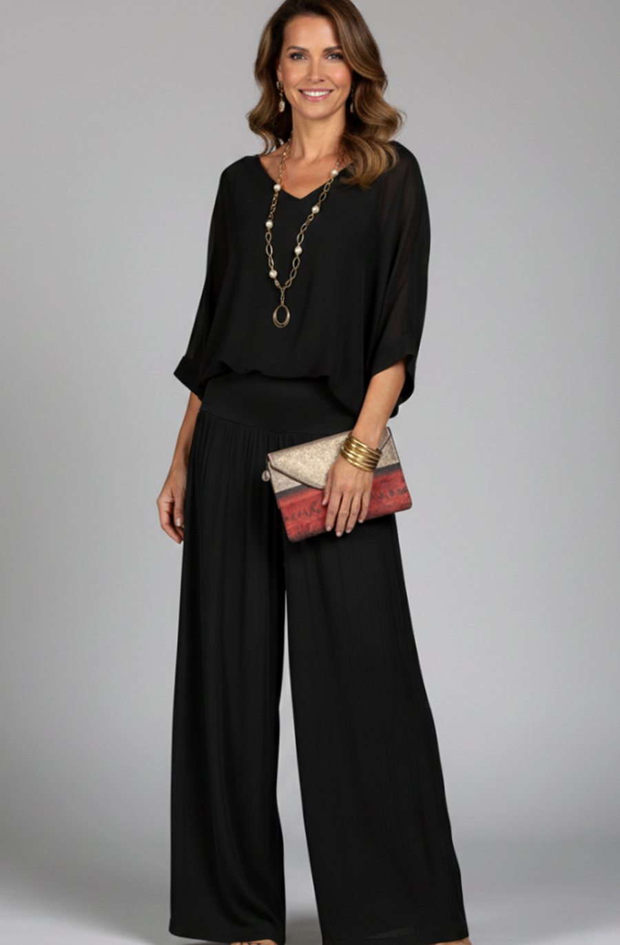 Women's Flowy Wide-Leg Two-Piece Blouson Top Set - Black