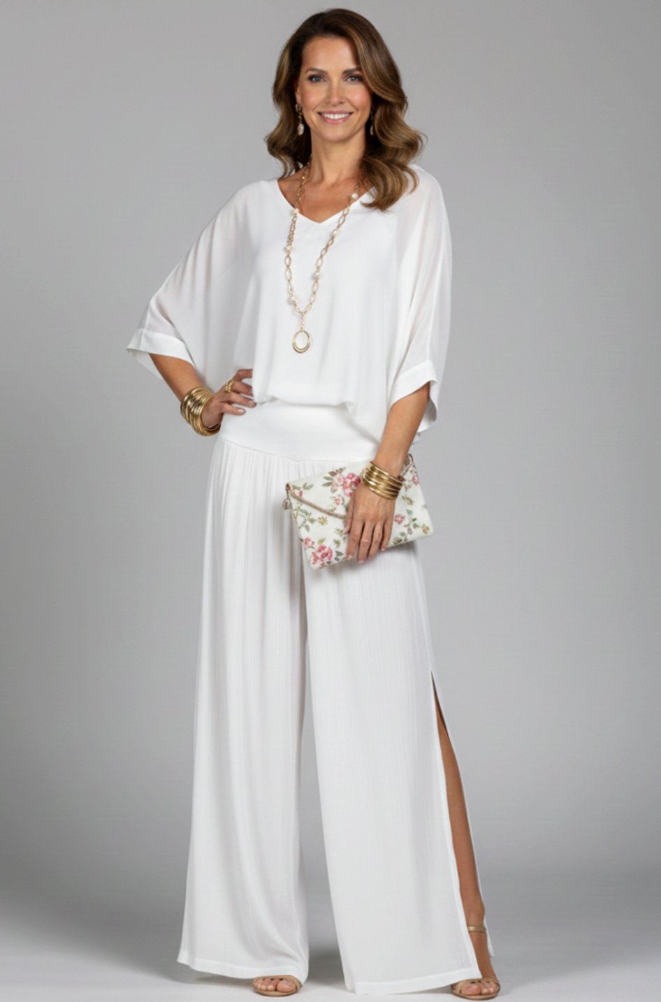 Women's Flowy Wide-Leg Two-Piece Blouson Top Set - White