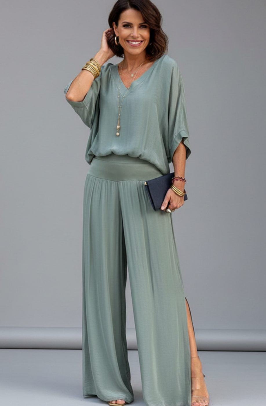 Women's Flowy Wide-Leg Two-Piece Blouson Top Set - Light Green