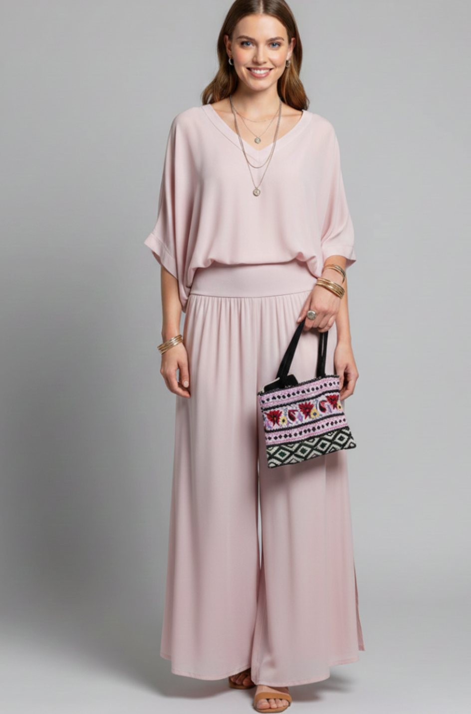 Women's Flowy Wide-Leg Two-Piece Blouson Top Set - Pink