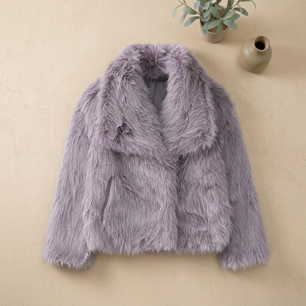 Women's Fluffy Faux Fur Jacket Oversized Lapel Coat - Grey