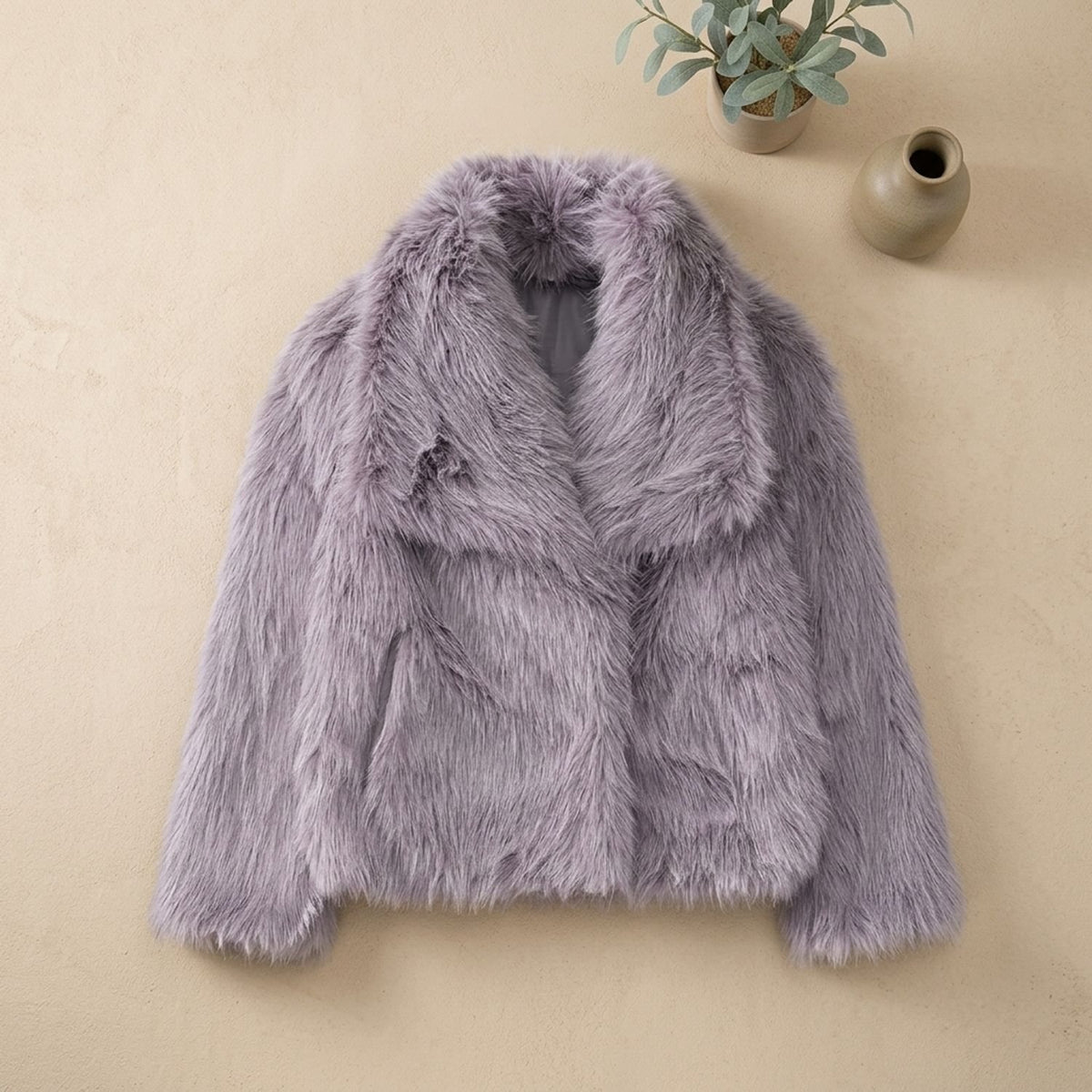 Women's Fluffy Faux Fur Jacket Oversized Lapel Coat - Grey