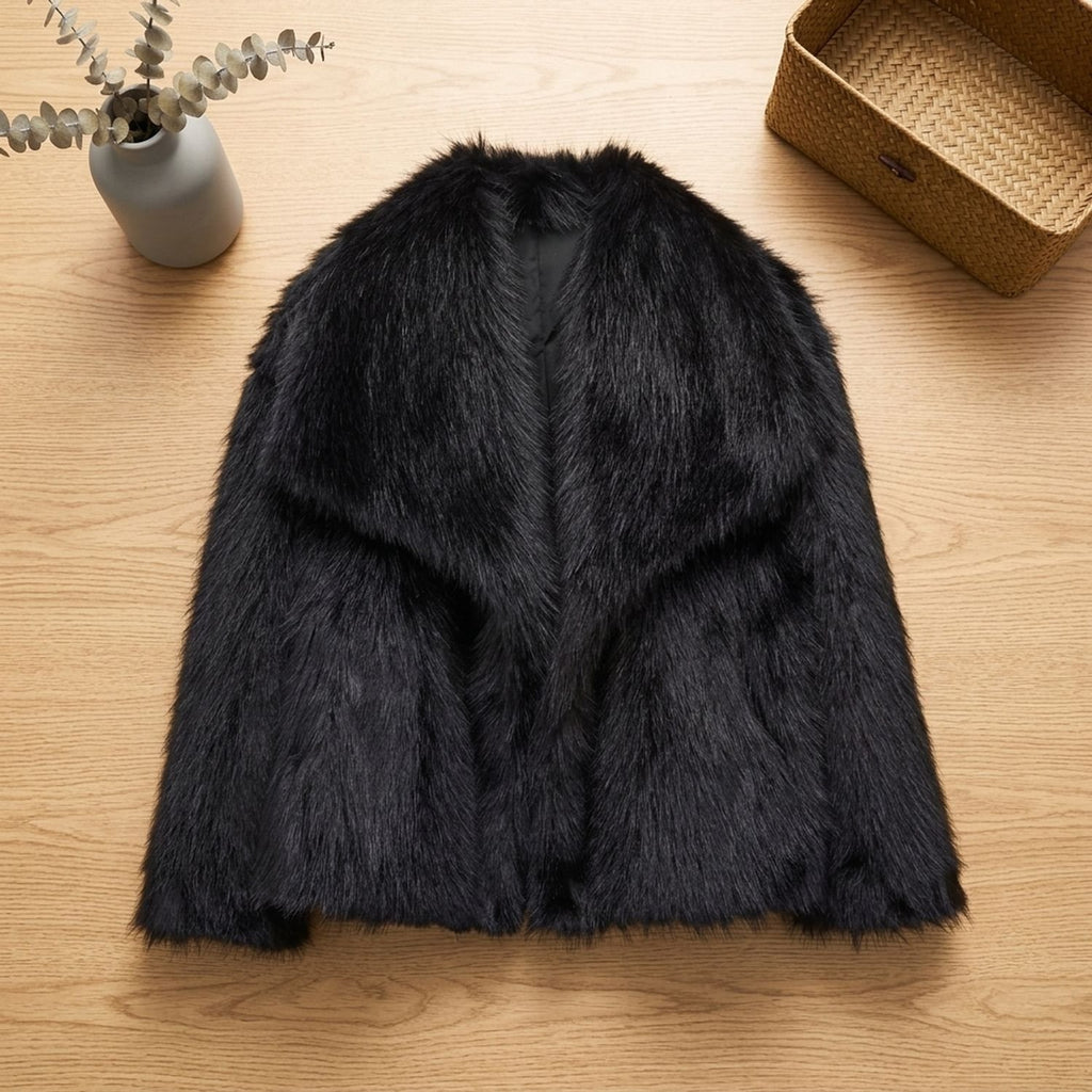 Women's Fluffy Faux Fur Jacket Oversized Lapel Coat - Black