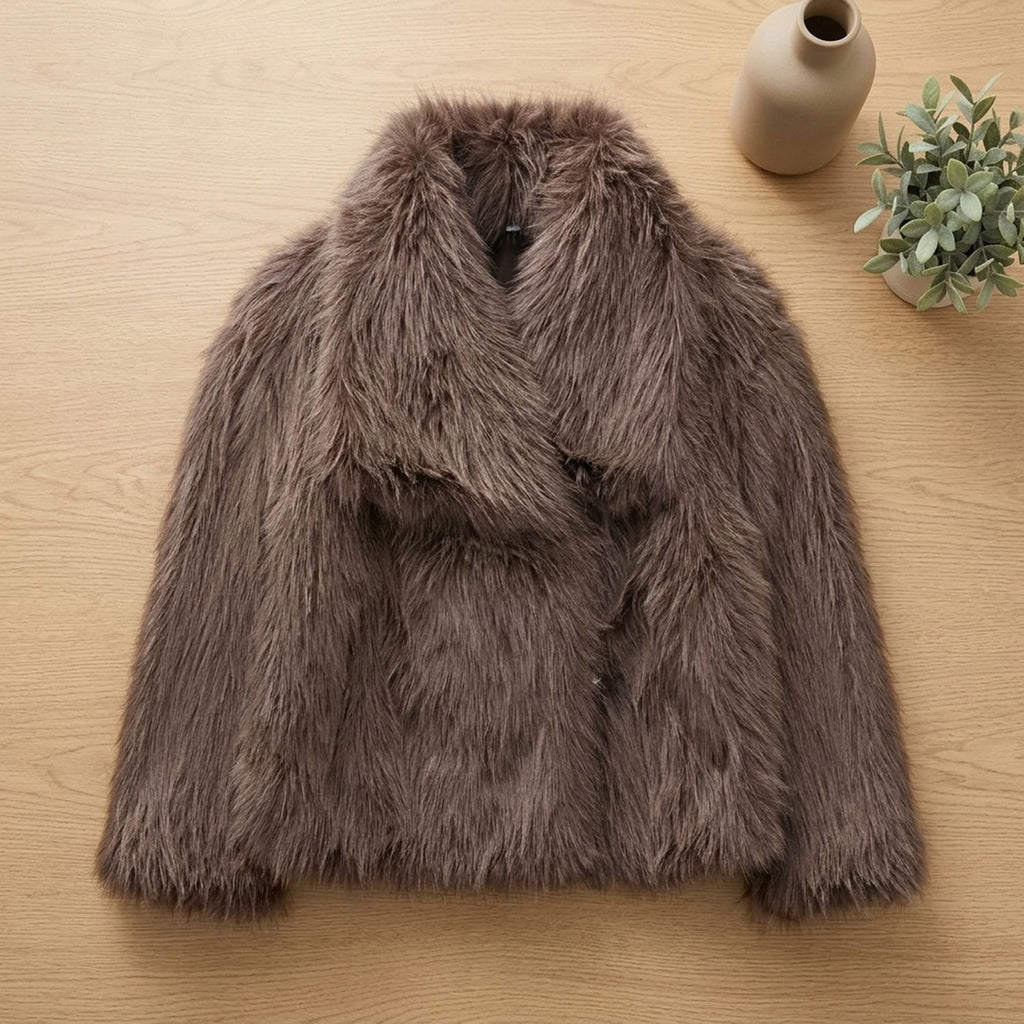 Women's Fluffy Faux Fur Jacket Oversized Lapel Coat - Brown