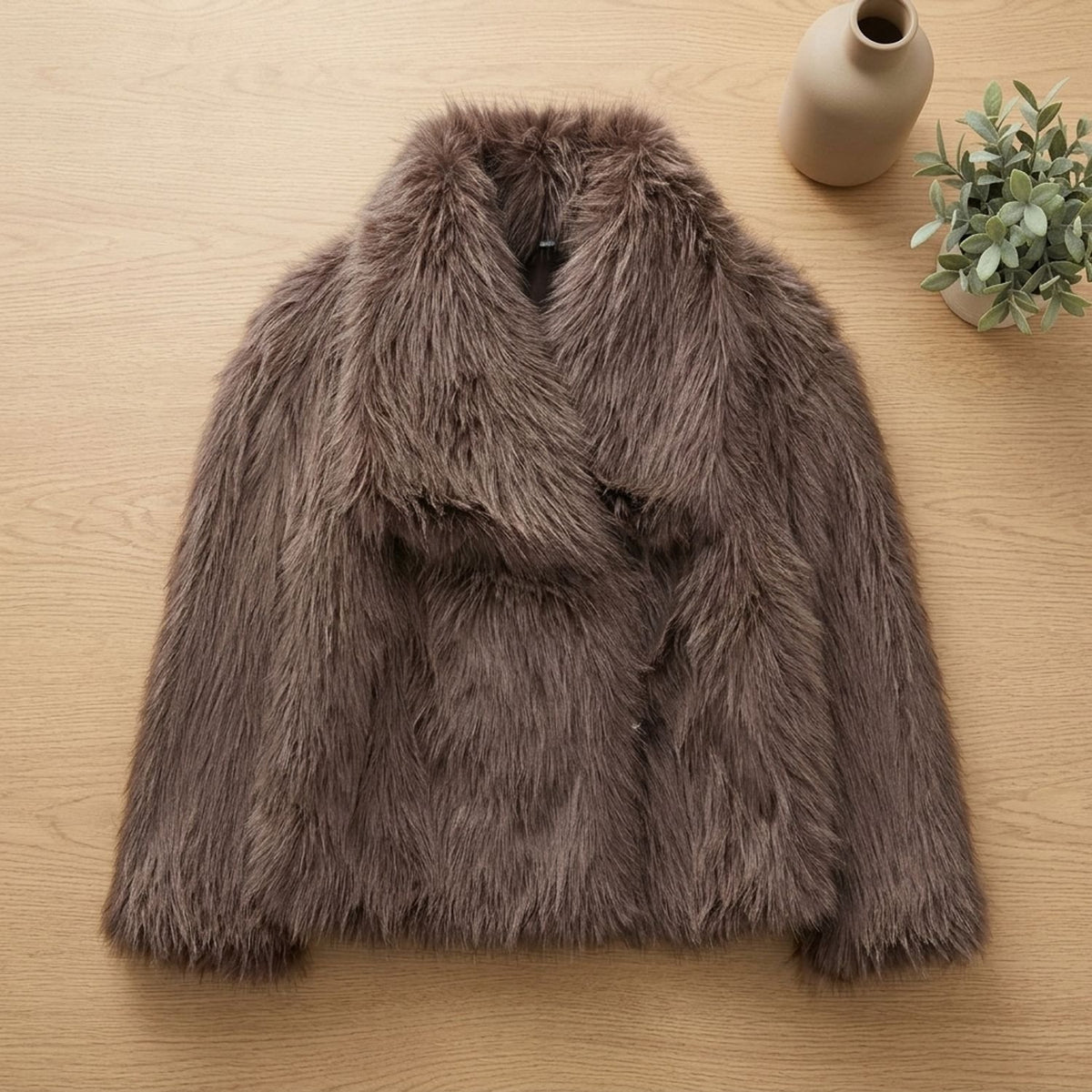 Women's Fluffy Faux Fur Jacket Oversized Lapel Coat - Brown