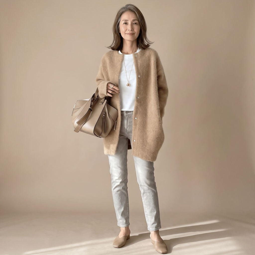 Women's Fluffy Oversized Snap-Button Knit Cardigan - Khaki