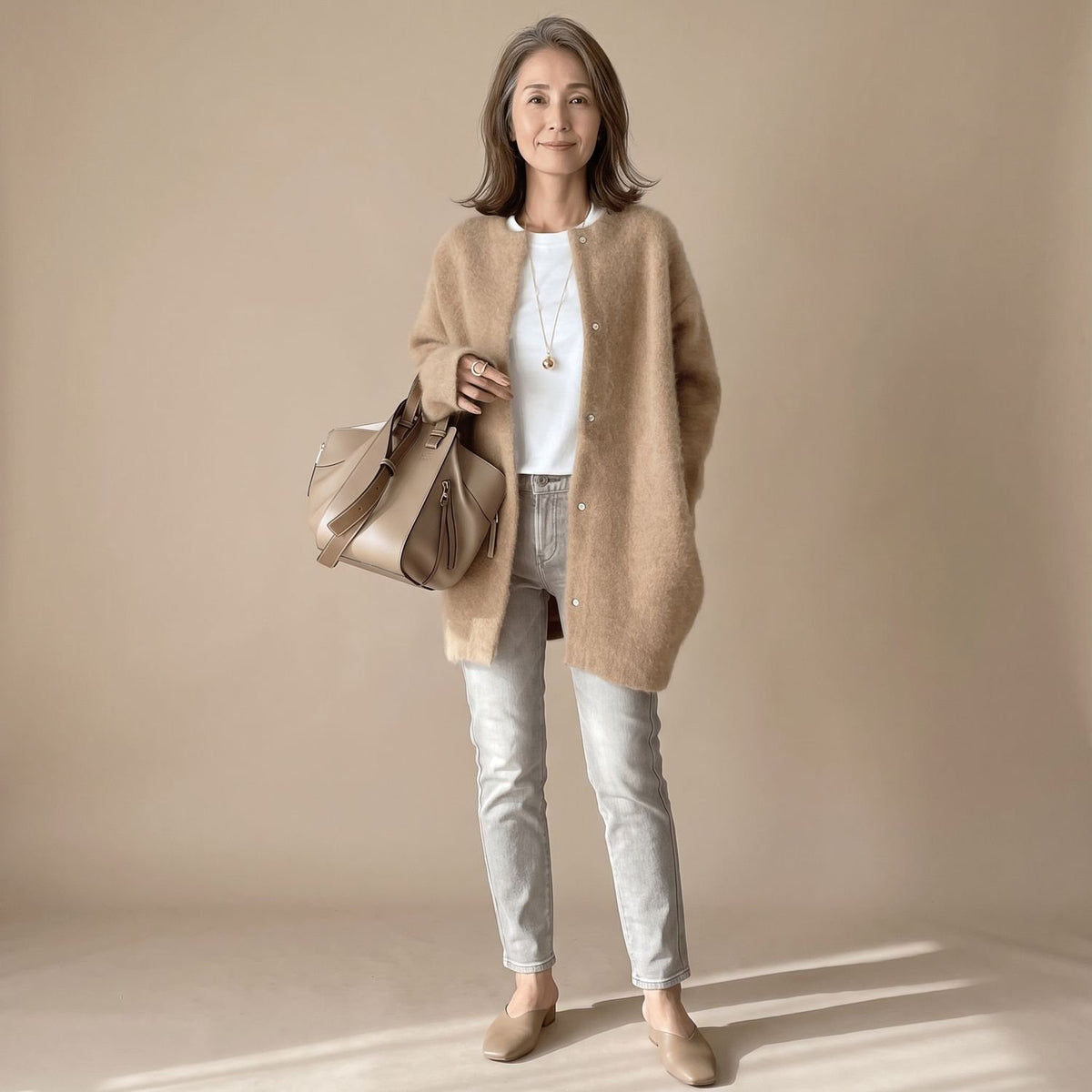 Women's Fluffy Oversized Snap-Button Knit Cardigan - Khaki