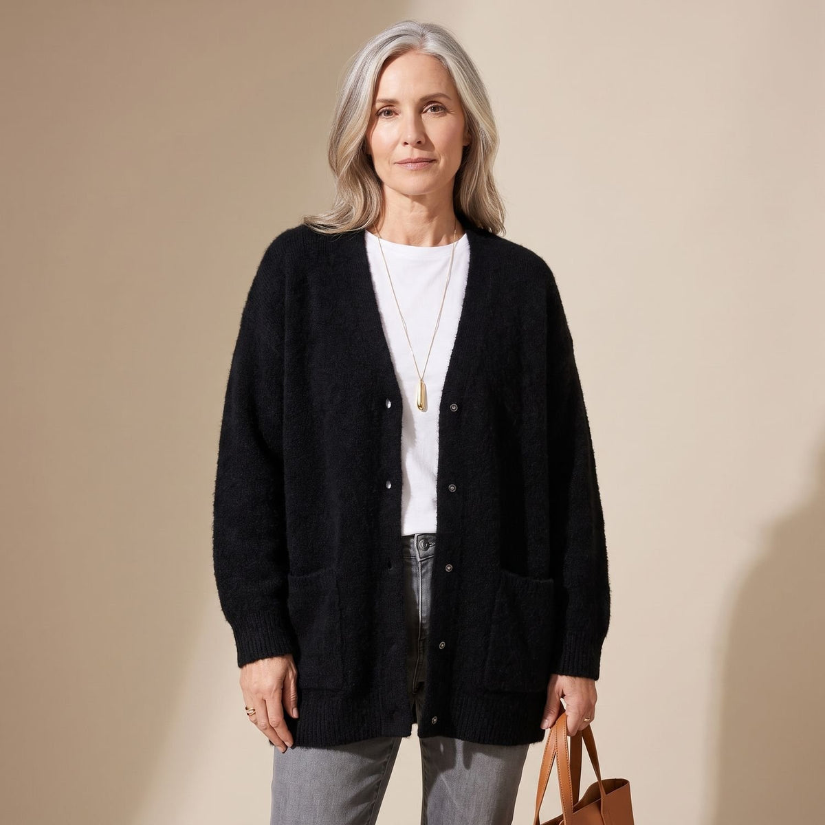 Women's Fluffy Oversized Snap-Button Knit Cardigan - Black
