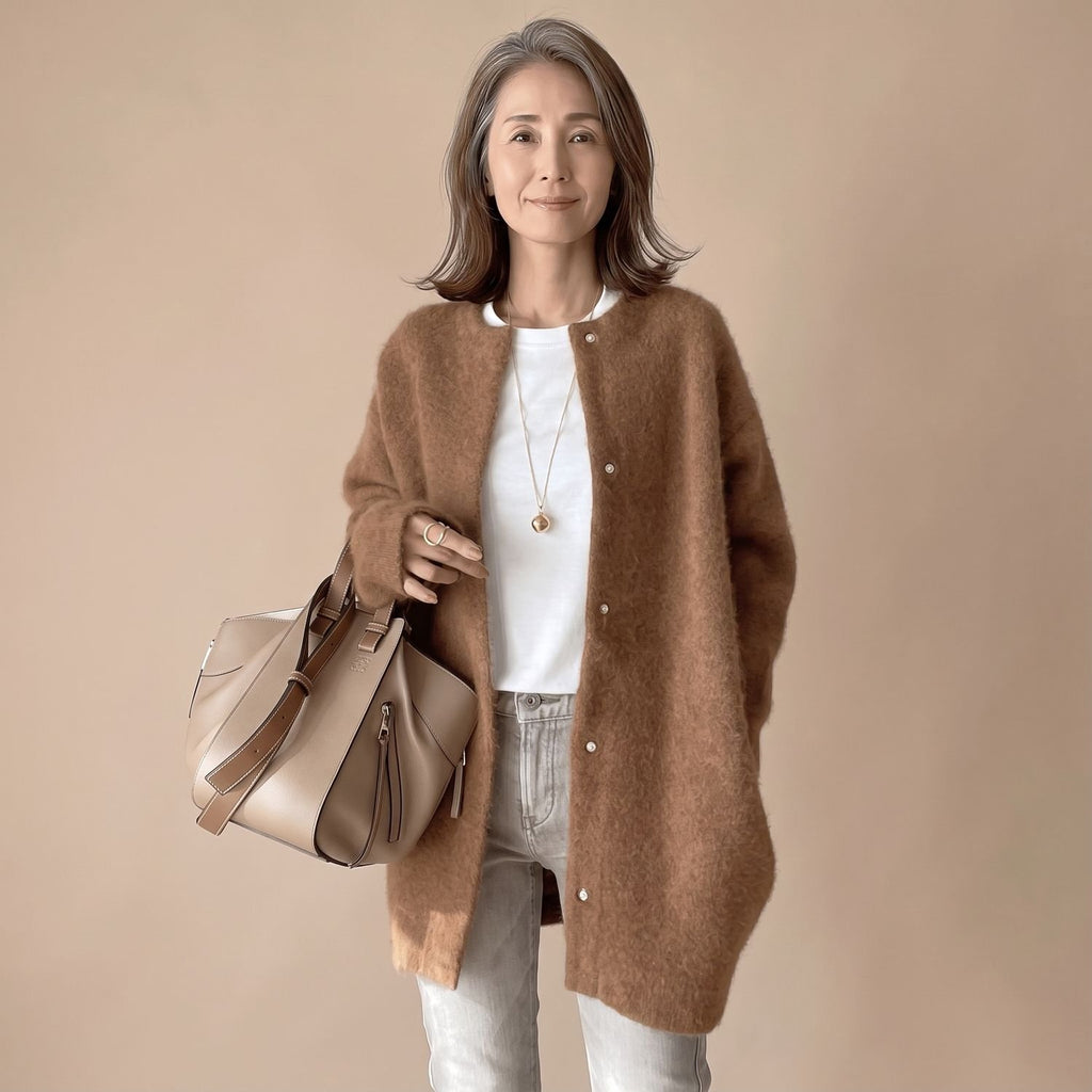Women's Fluffy Oversized Snap-Button Knit Cardigan - Caramel