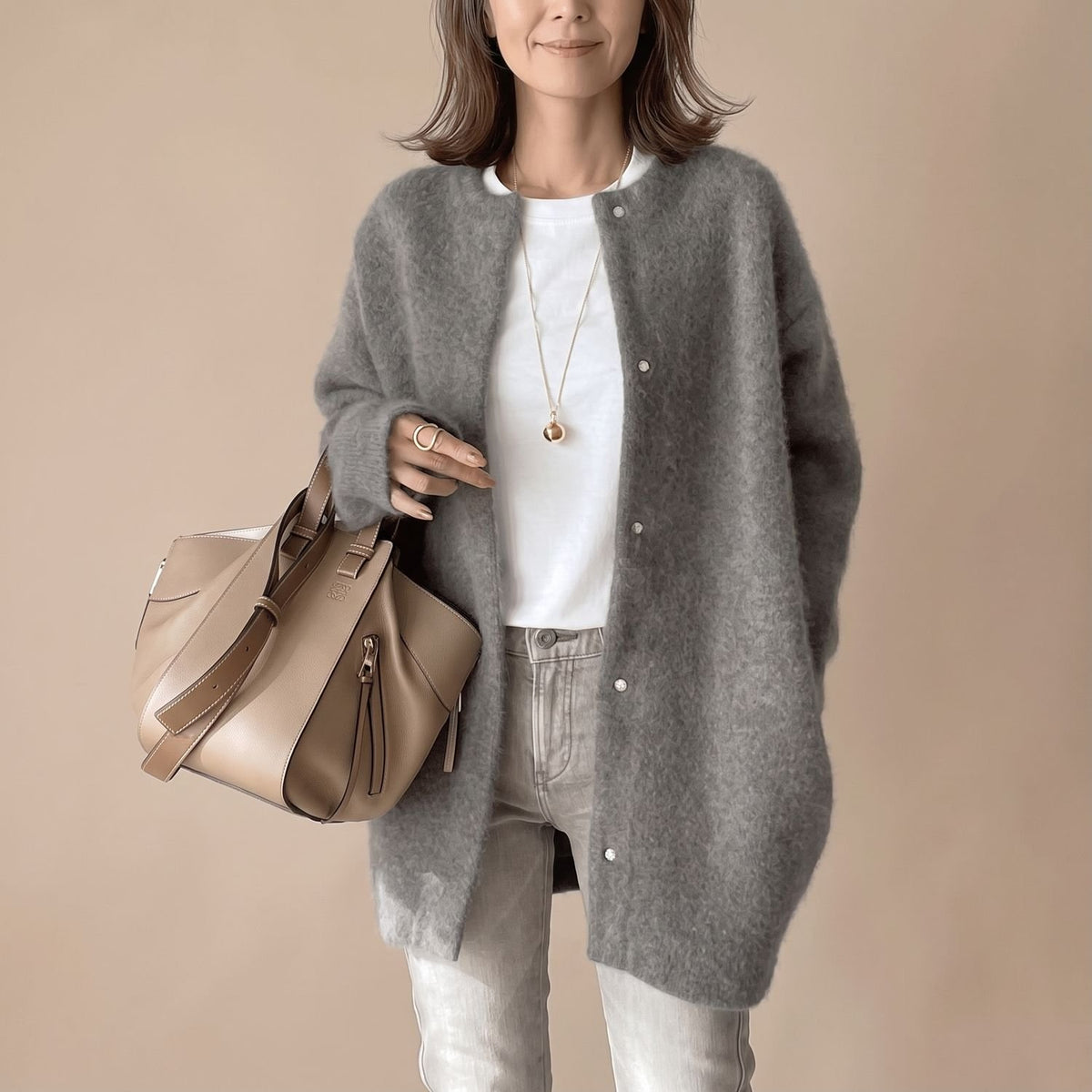 Women's Fluffy Oversized Snap-Button Knit Cardigan - Grey