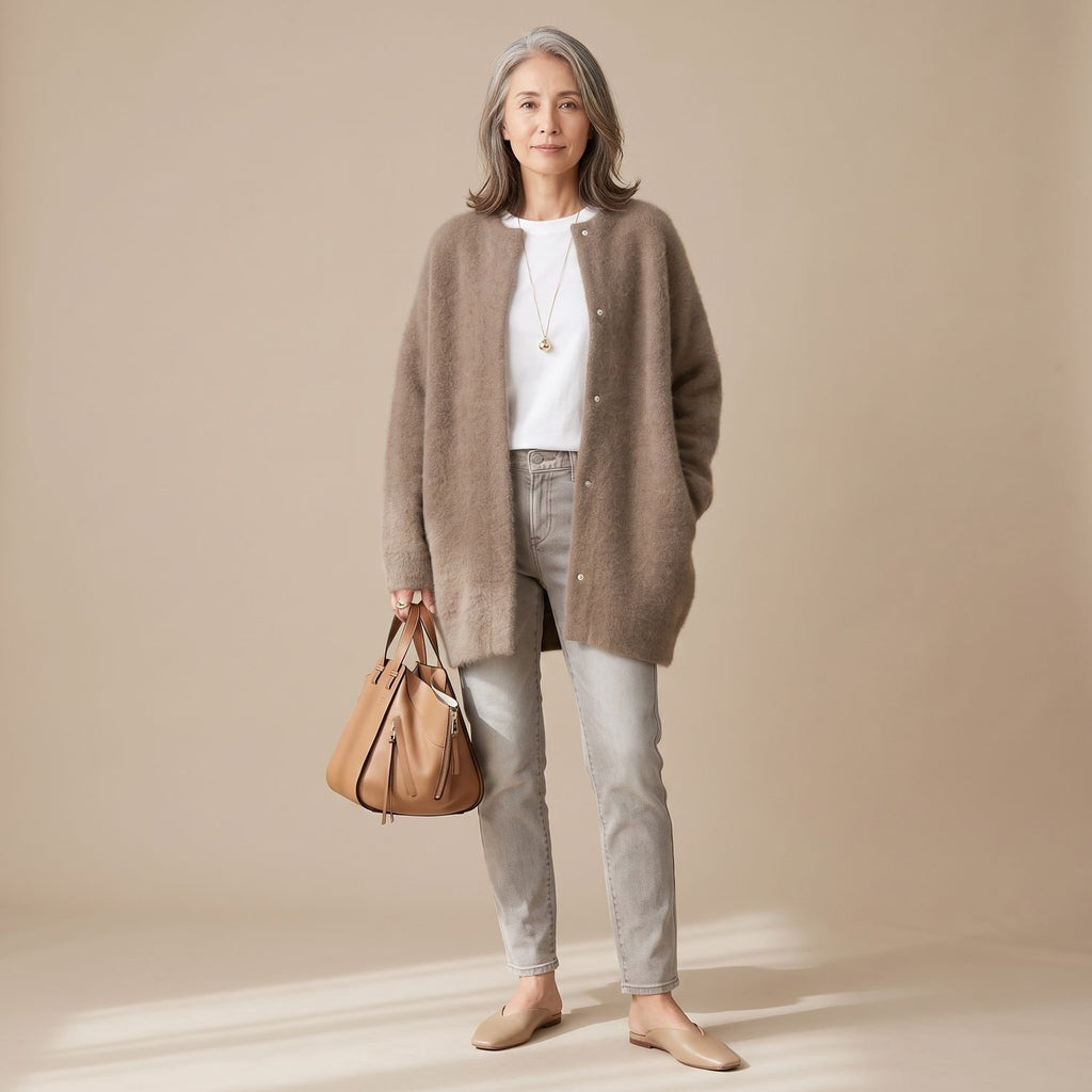 Women's Fluffy Oversized Snap-Button Knit Cardigan - Coffee