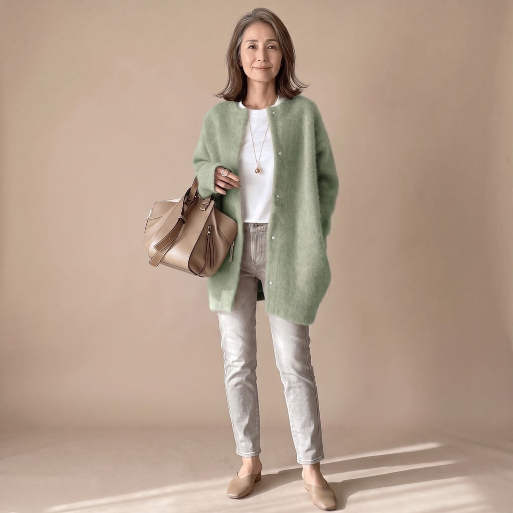 Women's Fluffy Oversized Snap-Button Knit Cardigan - Green