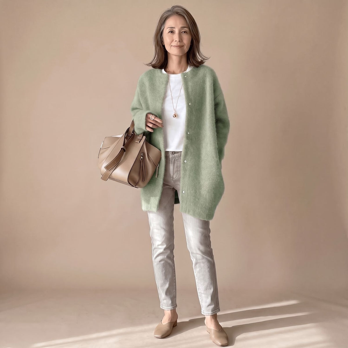 Women's Fluffy Oversized Snap-Button Knit Cardigan - Green