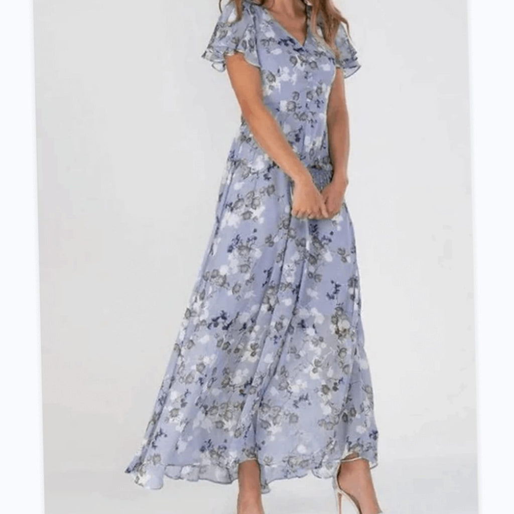 Women's Flutter-Sleeve V-Neck Floral Dress Maxi Length