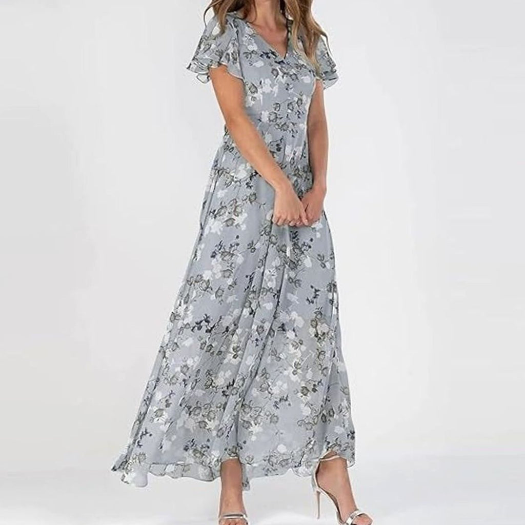 Women's Flutter-Sleeve V-Neck Floral Dress Maxi Length