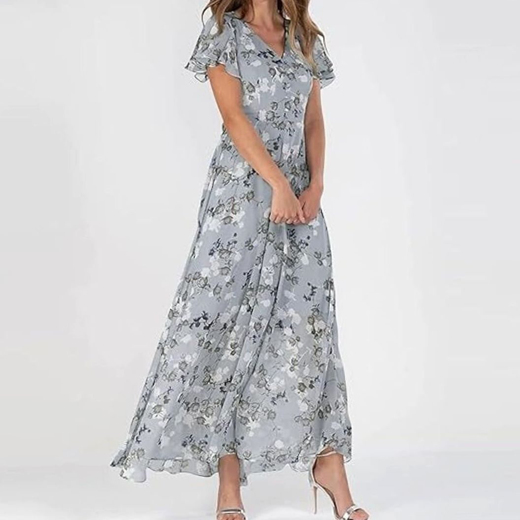 Women's Flutter-Sleeve V-Neck Floral Dress Maxi Length