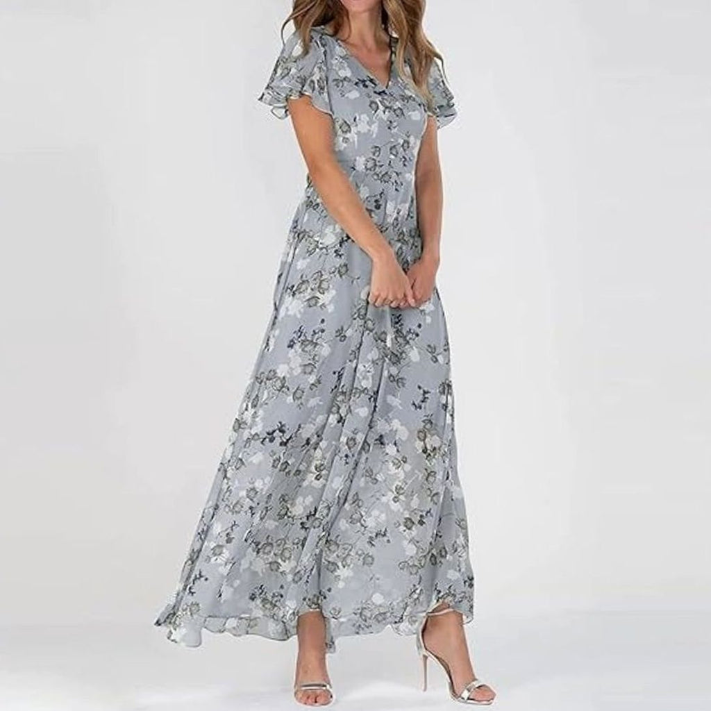 Women's Flutter-Sleeve V-Neck Floral Dress Maxi Length - Blue