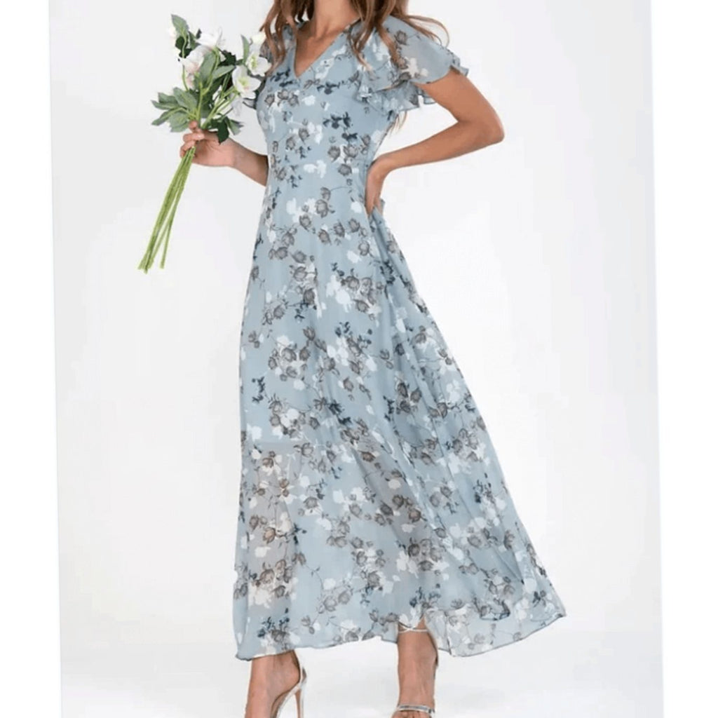 Women's Flutter-Sleeve V-Neck Floral Dress Maxi Length