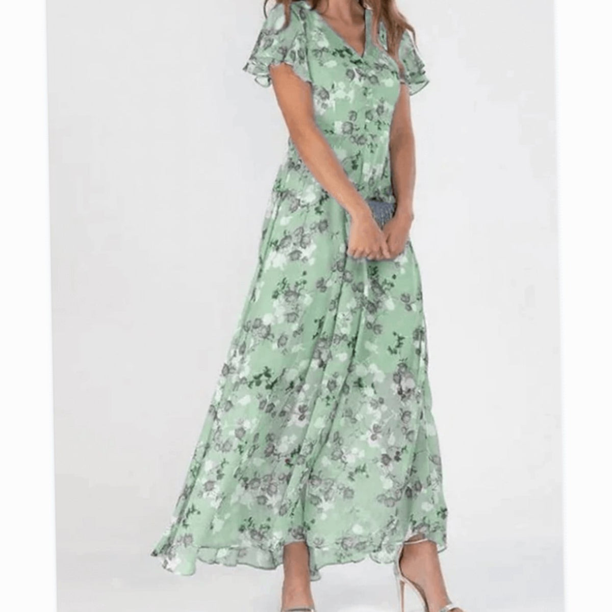 Women's Flutter-Sleeve V-Neck Floral Dress Maxi Length - Green