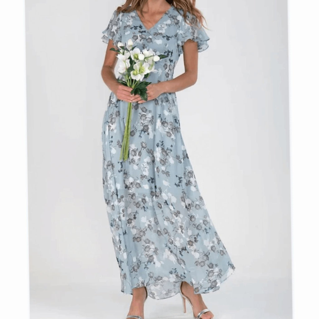 Women's Flutter-Sleeve V-Neck Floral Dress Maxi Length