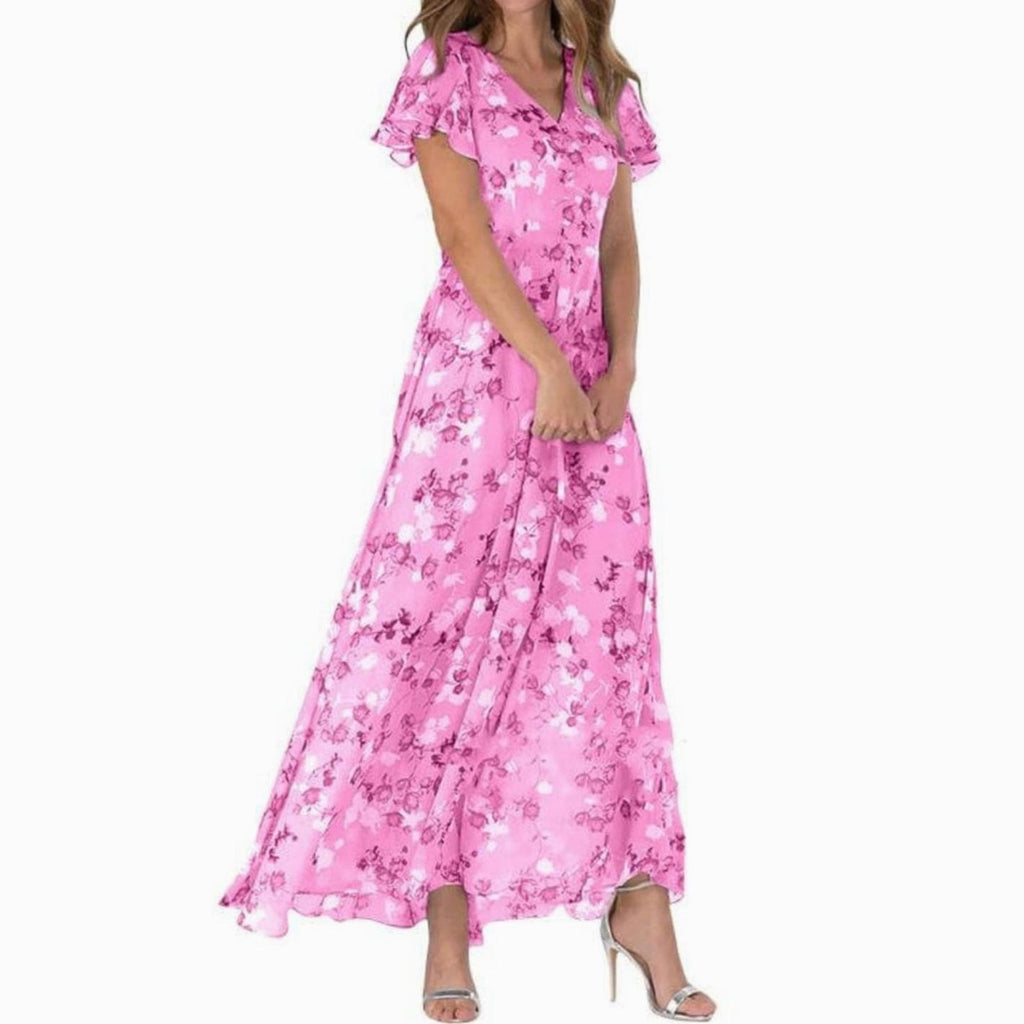 Women's Flutter-Sleeve V-Neck Floral Dress Maxi Length - Pink